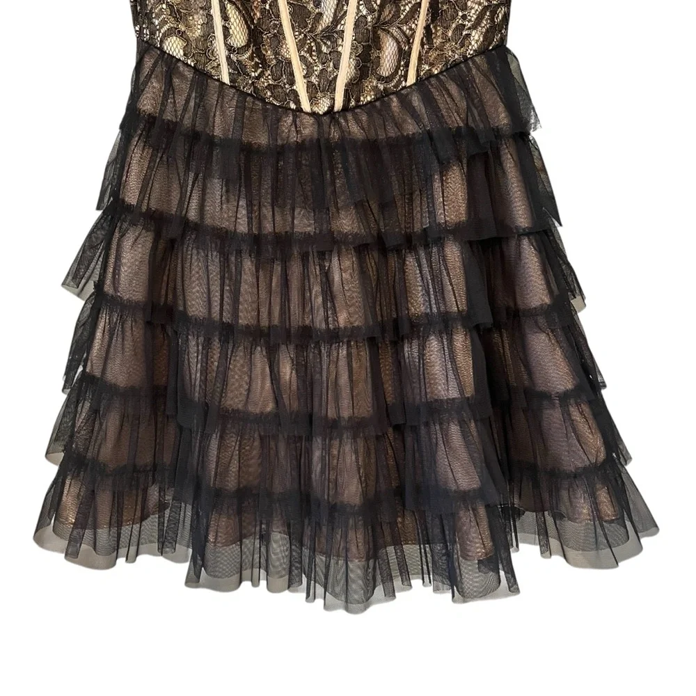 Vintage 90s Masquerade Strapless Black Gold Tiered Tulle Tutu Skirt Dress,Sz 5/6 - Picture 8 of 15